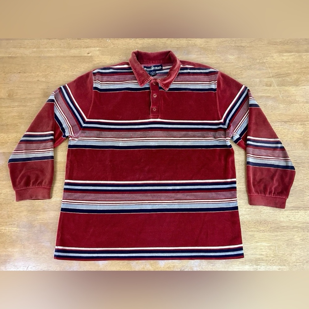 Vintage 70s 80s Men's Striped Velour Polo Shirt - Burgundy and Navy Sz L